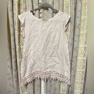 Terzo Millennio Italian Linen Lace Hem Top Blush Pink Boho Made in Italy S